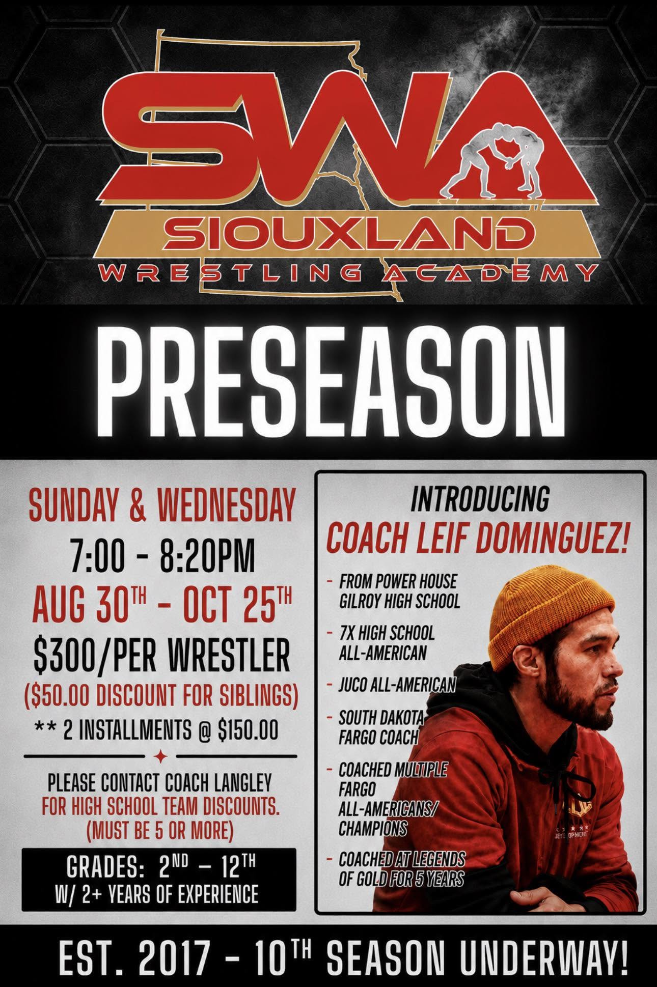 Siouxland Wrestling Academy preseason practices flyer