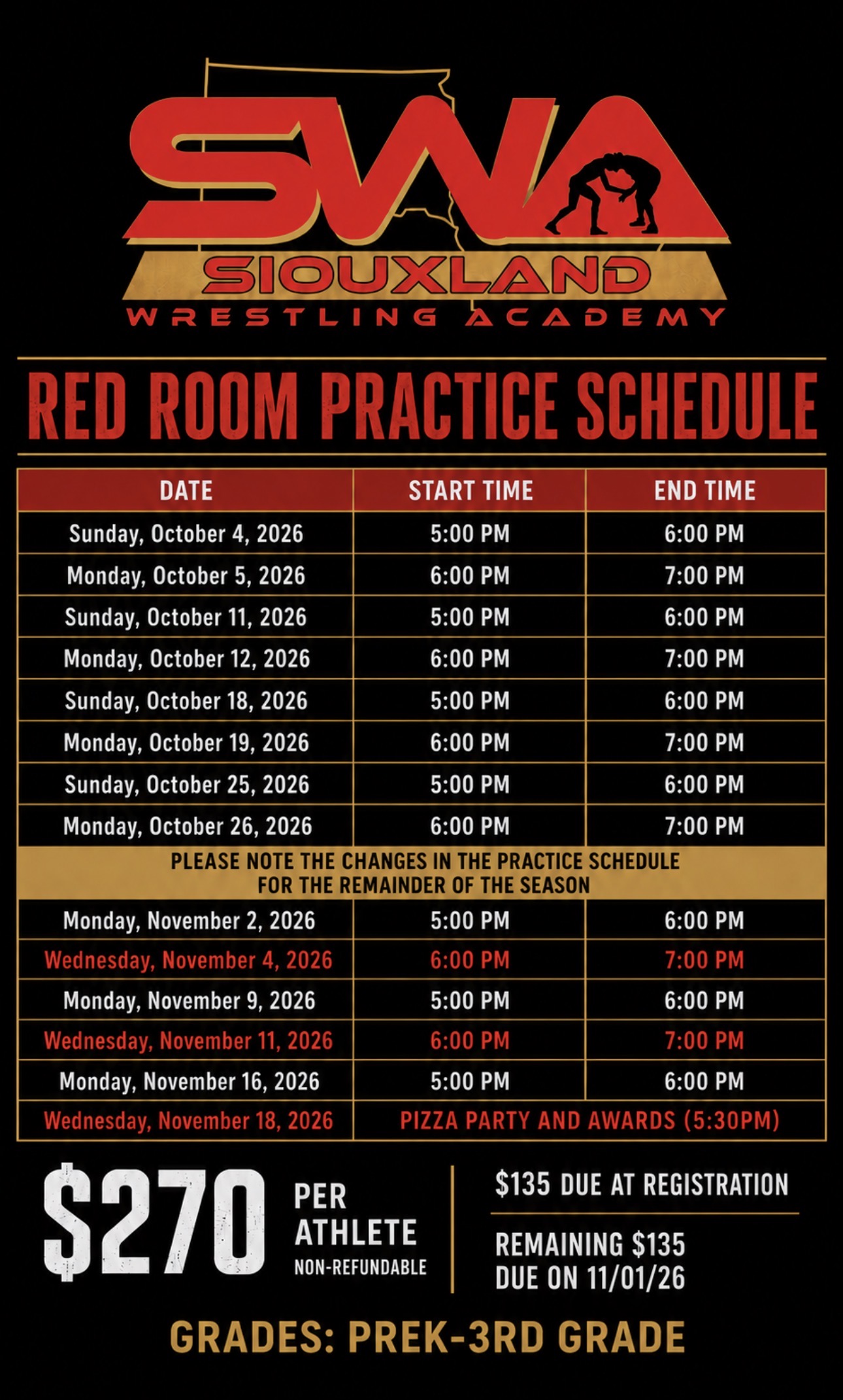 Siouxland Wrestling Academy Red Room Practice Schedule — PreK through 3rd Grade, October–November 2026