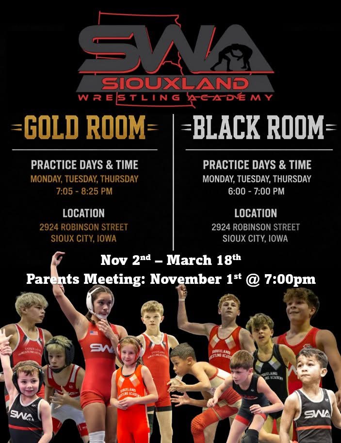 Siouxland Wrestling Academy Gold Room and Black Room season schedule — November 2nd through March 18th